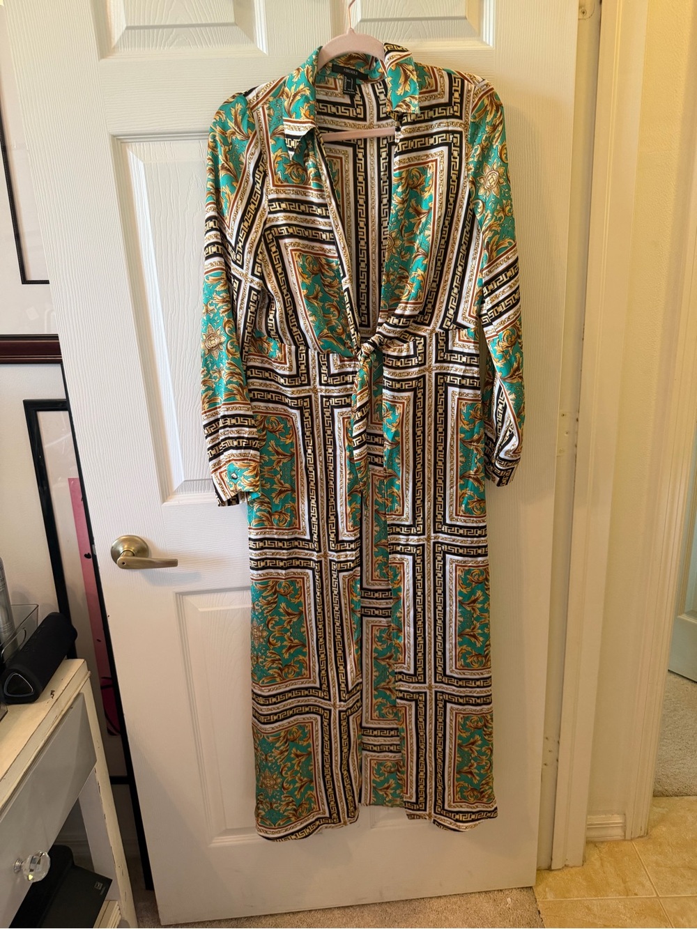 Forever 21 Teal, Gold and Black Printed Maxi Shirt Dress - Picture 1 of 3